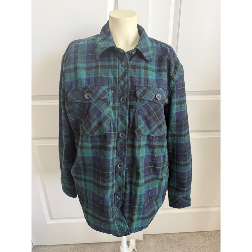 Eddie Bauer Women Green Navy Plaid Sherpa Lined Flannel Shirt Jacket Medium